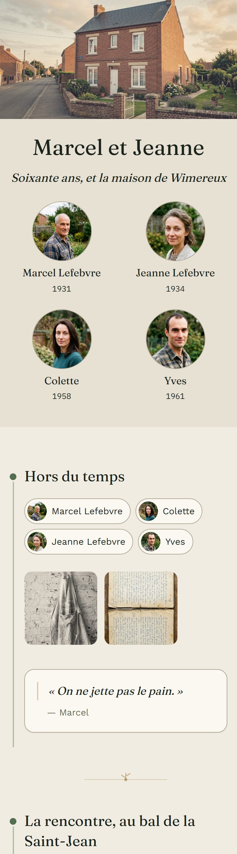 La page de Marcel et Jeanne telle qu'elle s'ouvre après un scan : la maison de Wimereux, les quatre visages de la famille, leurs premiers souvenirs et le récit de leur rencontre.